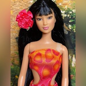 Tropical Polynesian Barbie Doll with Black Hair and Red Dress